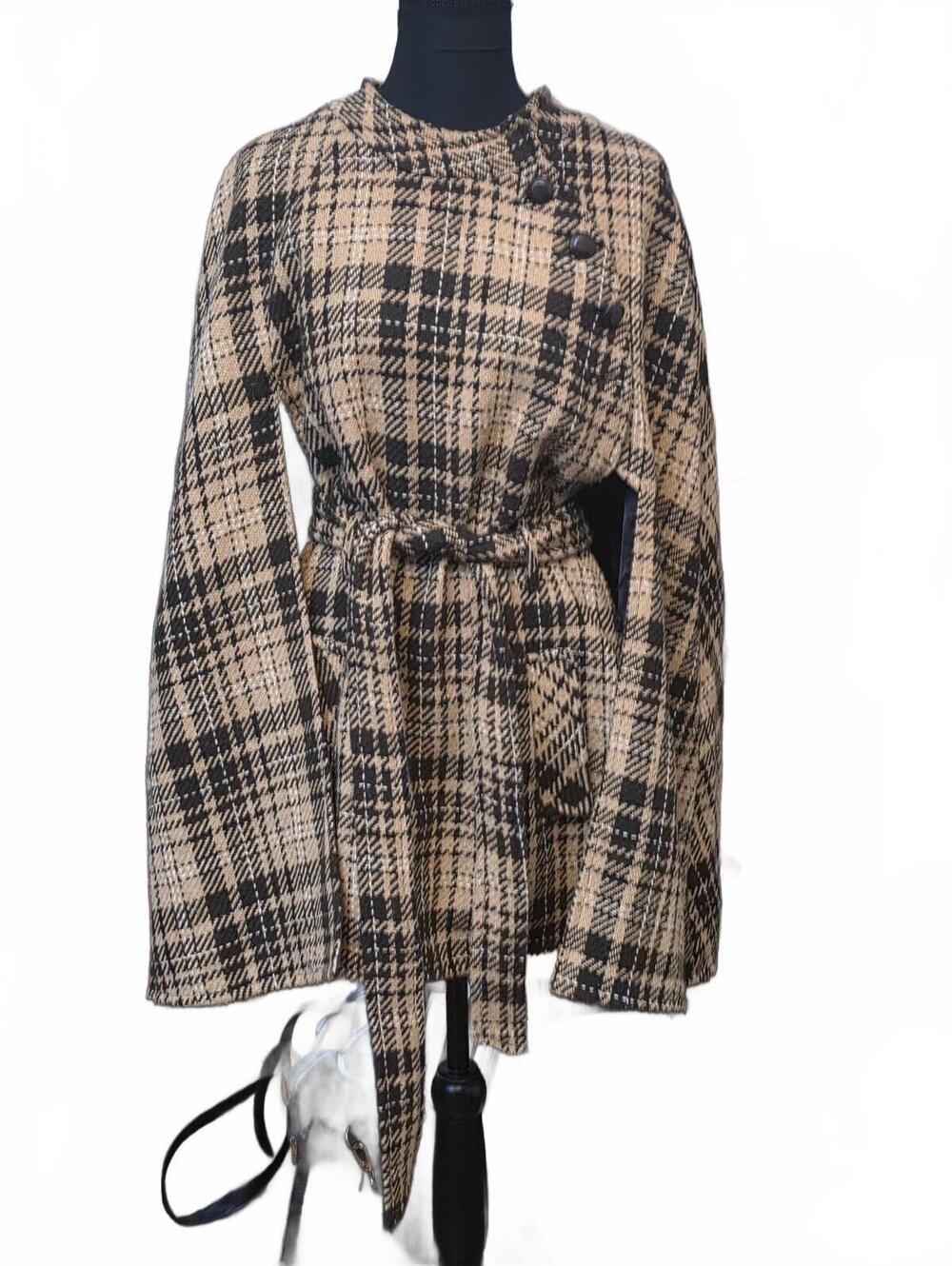 Joan Rivers Plaid Knit Belted Poncho Cape Coat Brown Tan